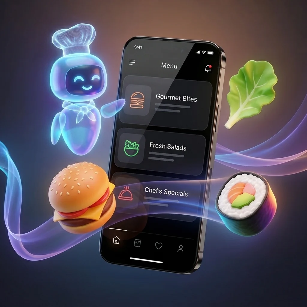 Restaurant Buddy recommending a dish from a digital AI menu on a phone